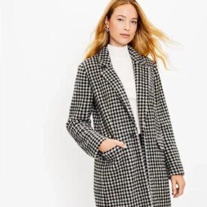 LOFT Women's Black and White Checked Long Coat Medium